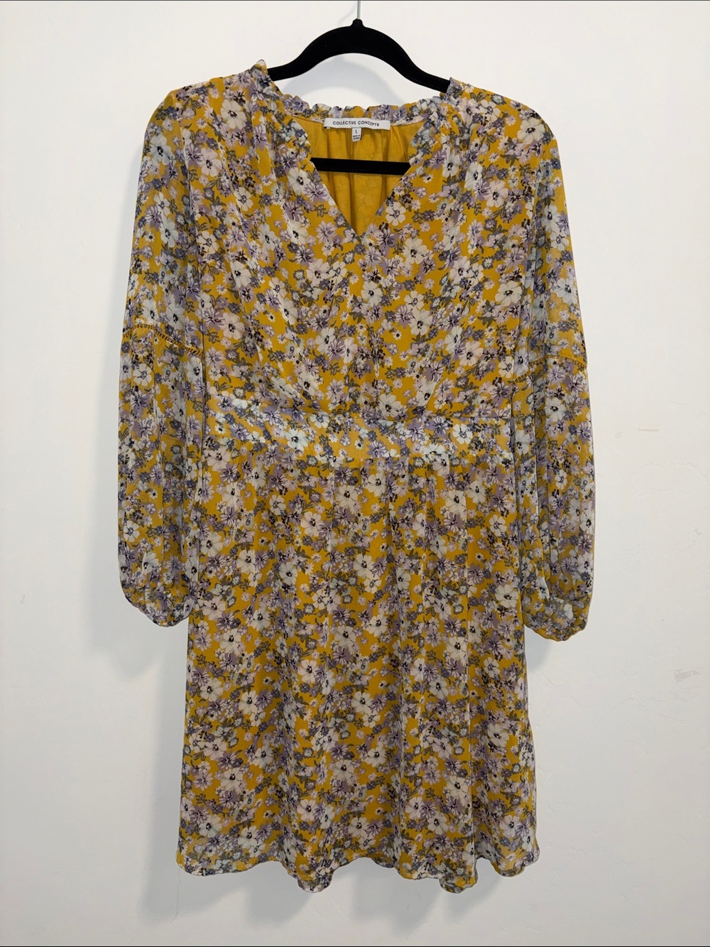 Midi Mustard Floral V-Neck Long Sleeve Lightweight Dress size Large